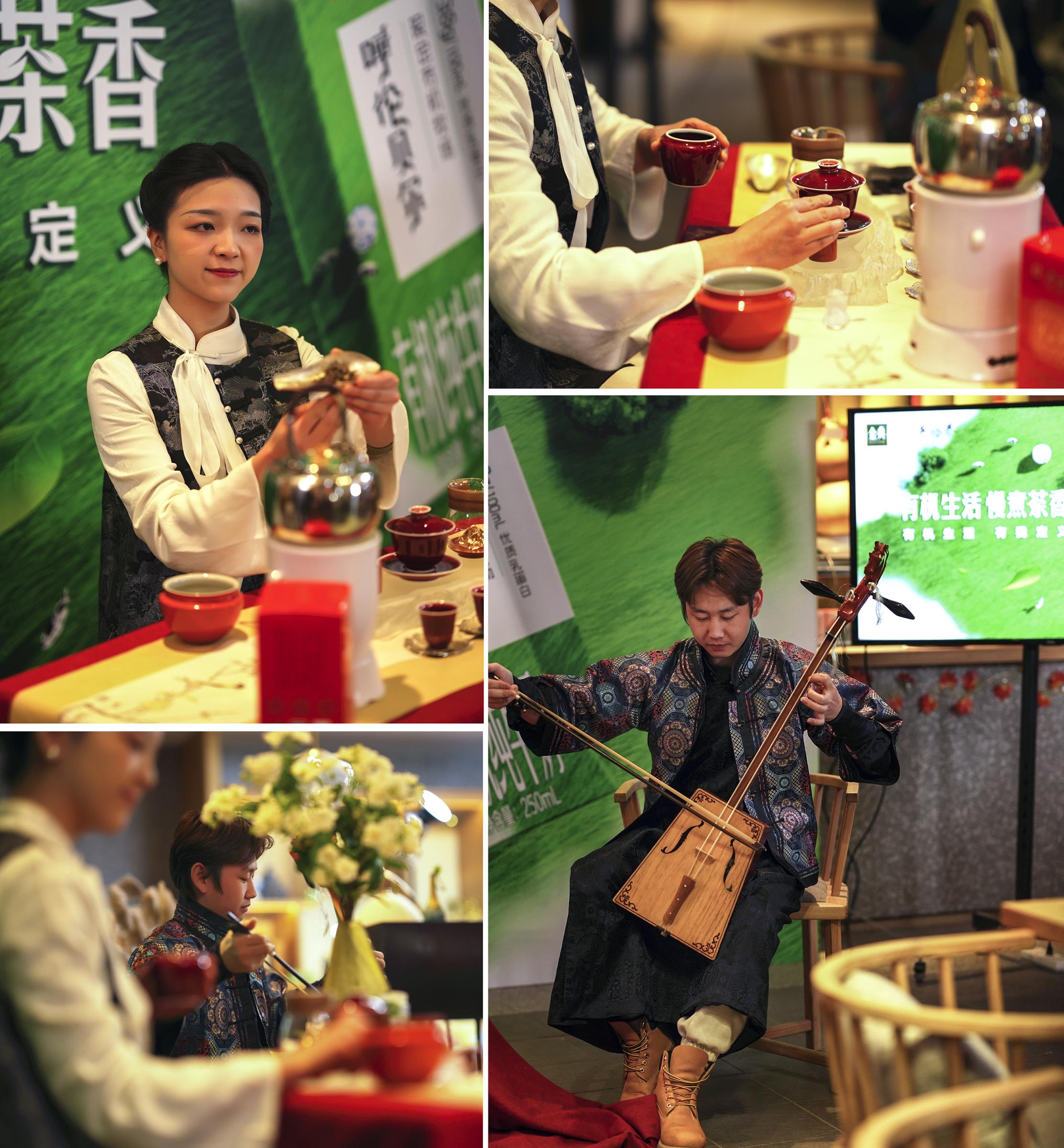 伴随着悠扬的马头琴声和优美的茶艺表演游客们在这里体验传统茶叶的