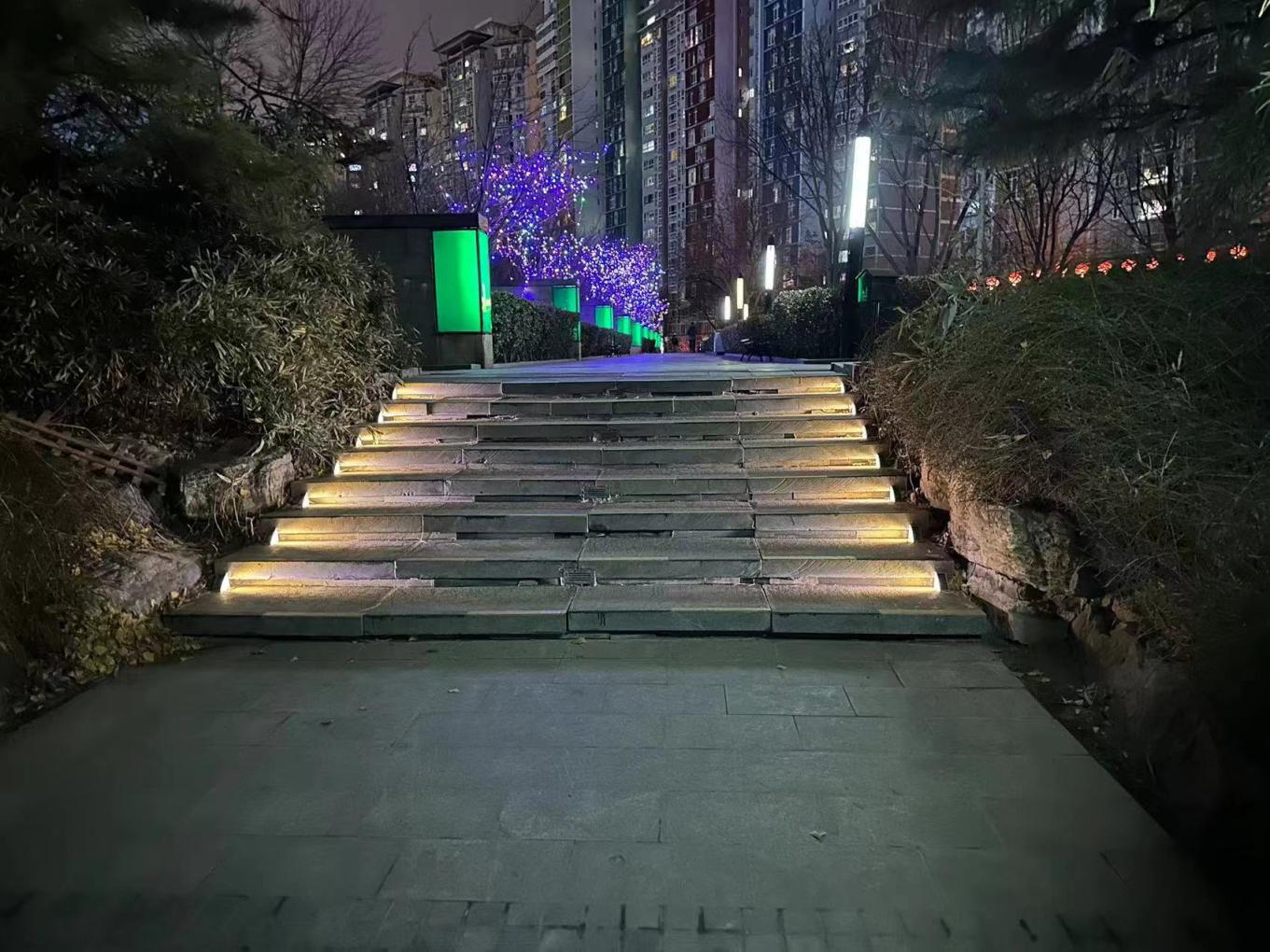 小区台阶多树枝挡路灯发光的台阶解居民夜间出行难题